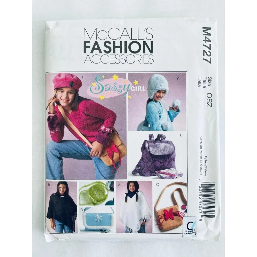 McCalls 4727 Girls Accessories Hats Poncho Bag Purse Sewing Pattern CUT 2004.